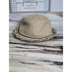 D&Y Tan Black Woven Paper Fedora Hat Braided Trim Sun Hat One Size Beach Summer